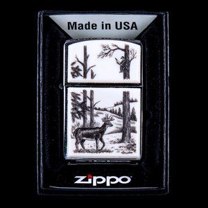Sharp Scrimshaw Deer In Forrest Emblem Zippo Lighter